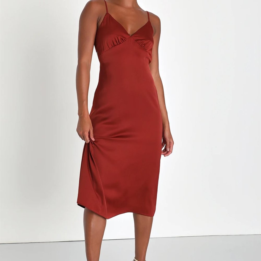 Lulus XS Rust Terracotta Satin Lace-Up Backless Midi Dress